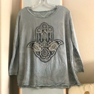 Oversized Hamsa embroidery long sleeve scoop neck top, XS